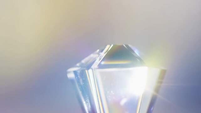 Close-up of a sparkling crystal prism reflecting light. Represents elegance, luxury, and the beauty of refracted colors in design and decor