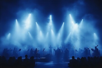 Naklejka premium Dramatic Symphony Orchestra Under Misty Stage Lights in a Captivating Concert Hall Setting