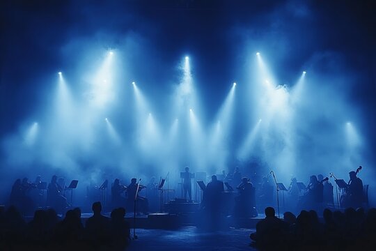 Dramatic Symphony Orchestra Under Misty Stage Lights in a Captivating Concert Hall Setting