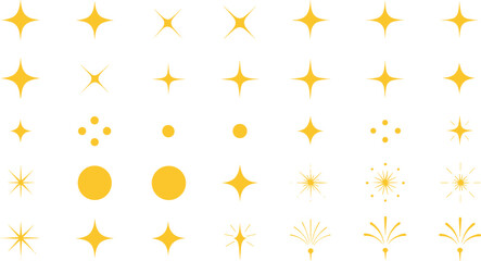 Fototapeta premium Minimal yellow sparkle icons set with simple shining stars, dots and light bursts, flat vector decorative elements isolated on white background