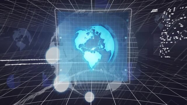 Animated purple shape on dark blue symbolizes global data security.