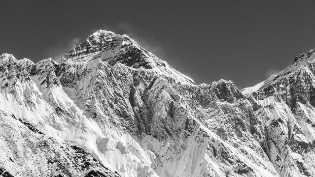 Mount Everest - The Roof of the World, Sagarmatha National Park, Nepal. Black and white image.