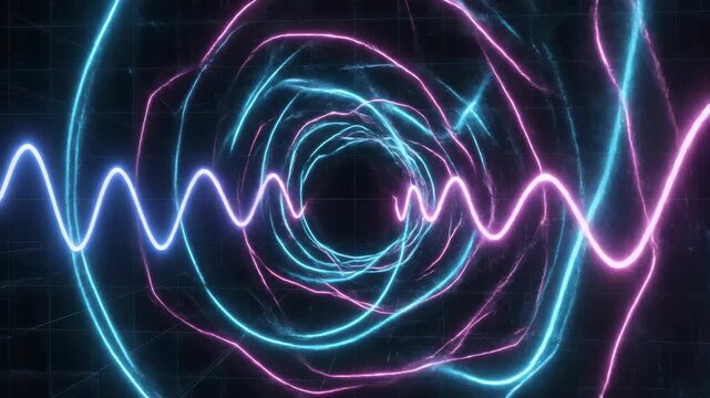 Rhythmic geometric sine wave pattern smoothly flowing and expanding across the screen creating a mesmerizing technical movement technology, loopable, minimal