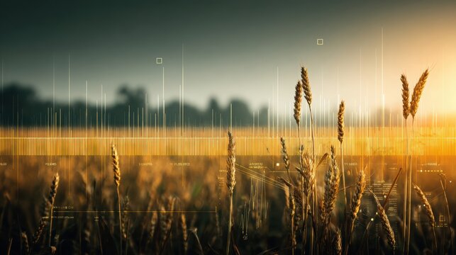 Golden wheat fields integrated with digital data analytics platforms for enhanced farm performance and agricultural innovation.