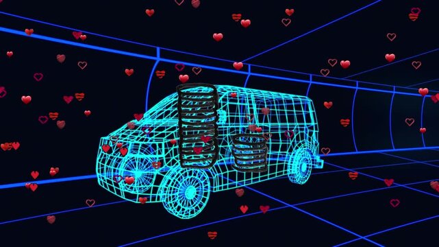Animation of network of connections with icons over architectural drawing of van and van