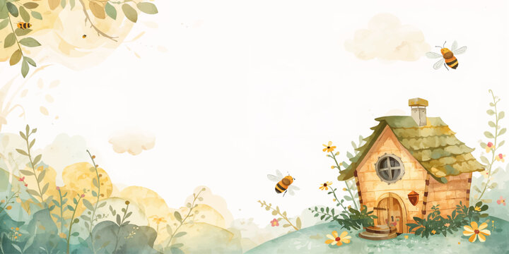 Vector illustration of a seasonal autumn nature background featuring a wooden frame border decorated with orange leaves and a horse near a yellow house building under a sunny sky