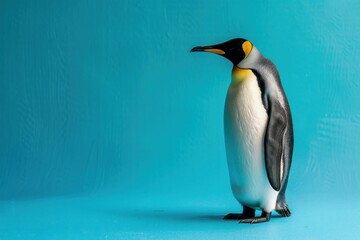 Fototapeta premium Studio portrait of a king penguin standing against a vibrant blue backdrop