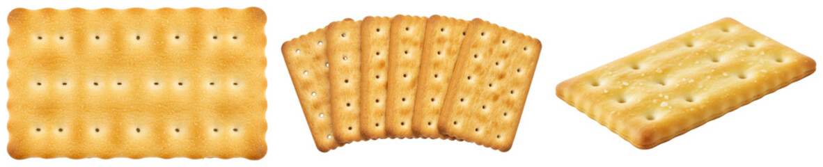 crispy salted rectangular cracker biscuits in various arrangements, perfectly golden-baked, a tasty savory snack food. isolated photograph on transparent background.