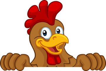 A chicken rooster cockerel bird cartoon character peeking over a sign © Christos Georghiou