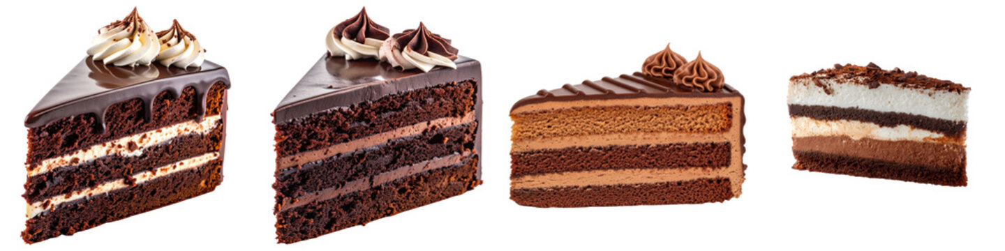 decadent collection of rich chocolate cake slices with creamy frosting and elegant toppings, ready for a delicious celebration. isolated on black.