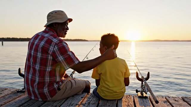 Back view of the senior man chatting with his grandson and stocking him at the head while sitting with the fishing roads and fishing at the pier. Family concept