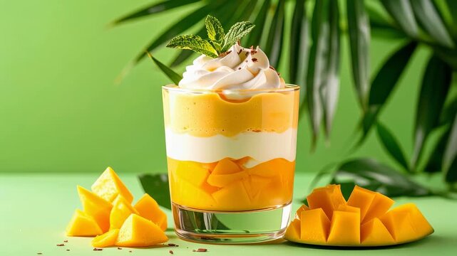 Layered mango dessert in a glass with whipped cream and mint, fresh mango slices on the side against a green background with palm leaves. Concept for a refreshing summer dessert