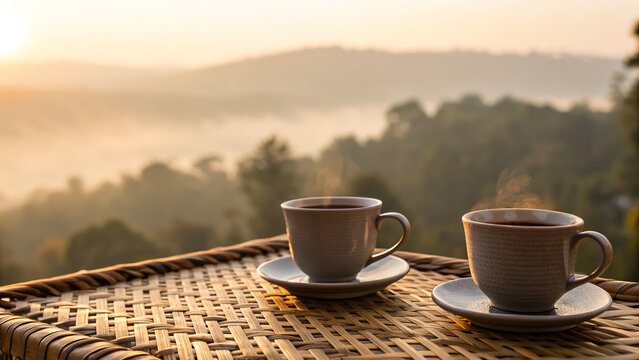 Early morning coffee time on a wooden table with two cups near a scenic landscape and a rising sun behind low hills