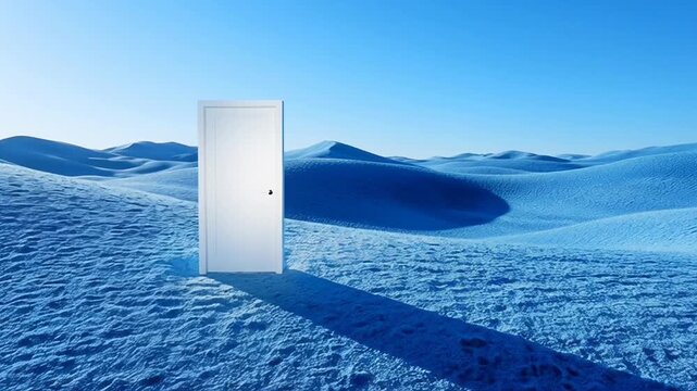 Surreal doorway in vast blue desert landscape