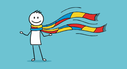 Stick Figure Person Wearing Colorful Scarf Blowing in Wind.
