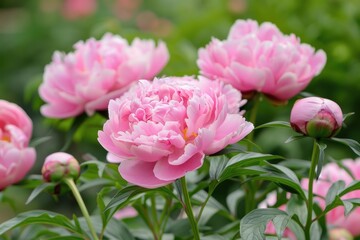 Naklejka premium Beautiful pink peonies blooming in a garden during the spring season, creating a vibrant and colorful display