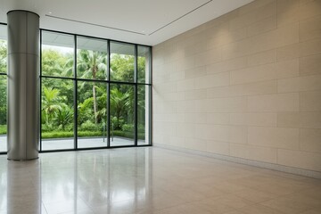 Fototapeta premium Modern empty lobby interior with large glass windows and view of lush greenery outside, minimalistic architecture and clean design aesthetic.. Ai generative