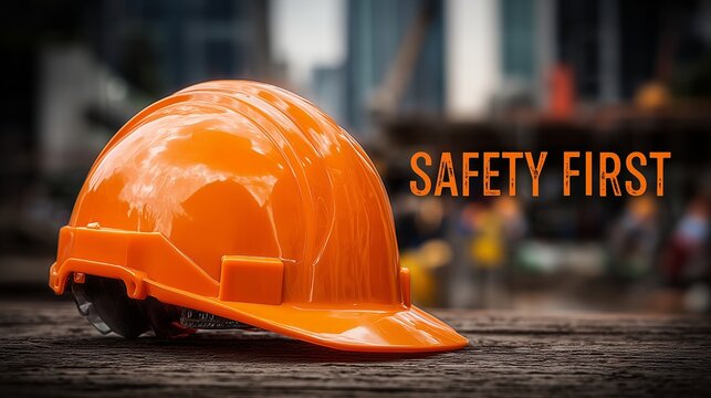 Orange hard hat on a construction site surface with blurred background and 'safety first' text, symbolizing safety compliance and workplace protection.