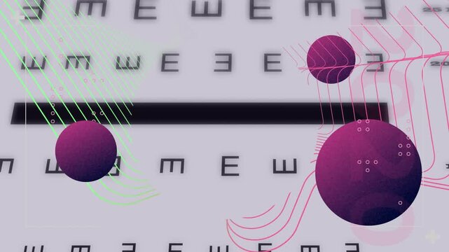 Animation of abstract shapes over eye test chart against grey background