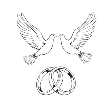 Romantic dove silhouette vector illustration with interlocking wedding rings symbolizing love, unity, and marriage