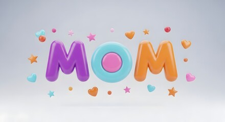 Fototapeta premium Colorful 3d text illustration of 'mom' for mother's day