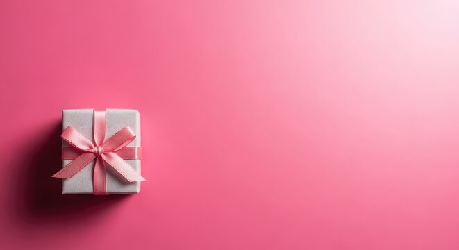 A small gift box wrapped in light green paper with a pink ribbon on a pink background