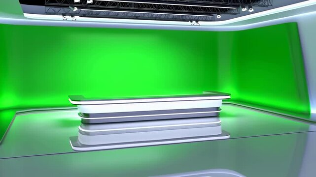 Modern green screen studio setup with sleek news desk. Ideal for broadcasting, video production, and creative content creation