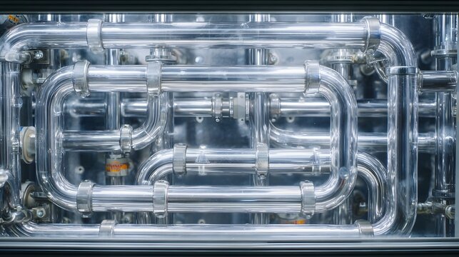 Close up view of a complex reflective metal piping system suggesting industrial or scientific infrastructure