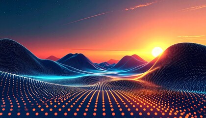 Viintimate apparelnt digital landscape with glowing dots and futuristic hills at sunset