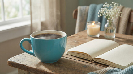 Fototapeta premium Relaxed slow living lifestyle with blue coffee cup and open book on wooden table near window enjoying calm morning