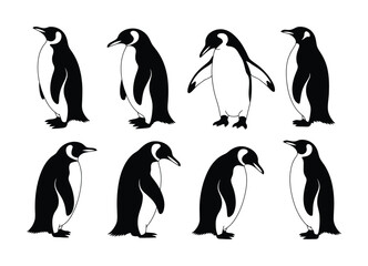 Obraz premium Collection of Eight Stylized Penguin in Vector illustration Black and White