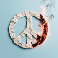 Brennendes Peace Symbol aus Papier, vor hellblauem Hintergrund