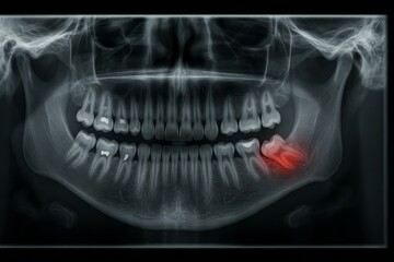 Dental panoramic X-ray image showing impacted wisdom tooth highlighted in red on dark background, used for diagnosis and oral surgery planning. Ai generative