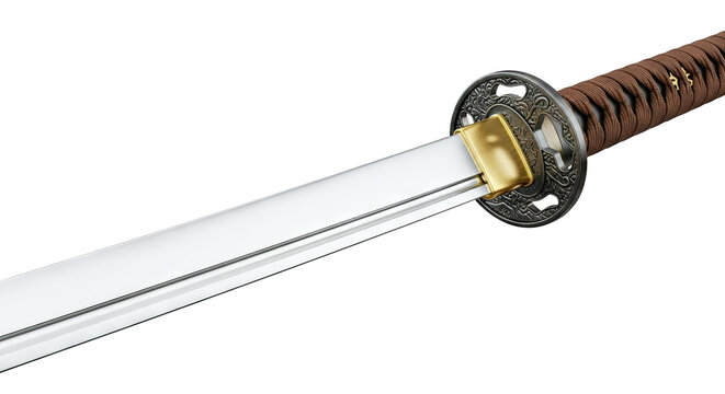 Close-up of a Katana sword with a brown hilt and ornate tsuba