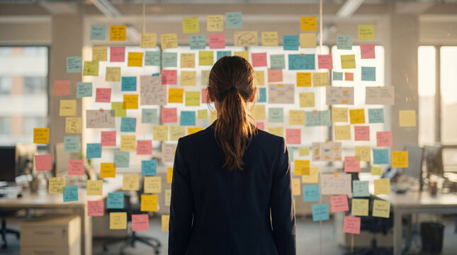 Business Woman Planning a Strategy in Front of a Wall Covered in Colorful Sticky Notes