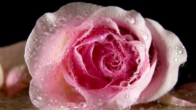 Close-up of rain drops falling on a red rose, forming fresh water beads on delicate petals. Romantic nature footage symbolizing love, freshness, beauty, and gentle rainy weat