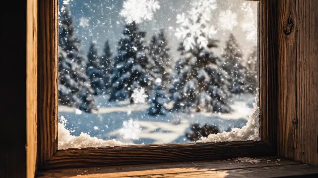 Rustic wooden frame border positioned against a soft blizzard of gentle vintage snow falling outside a warm winter window scene creating a nostalgic atmosphere template, frame, border
