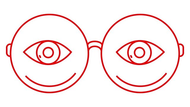 Animated red linear symbol of glasses with eyes. Linear icon of eyeglasses. Looped video. Concept of sight, ophthalmologist. Vector illustration on white background.