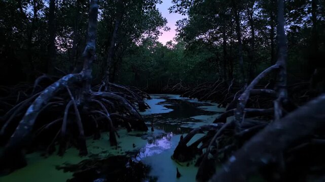 Mysterious Mangrove Forest at Dusk, Drone Footage Video, Swampy Landscape, Low Angle, Nature Documentary