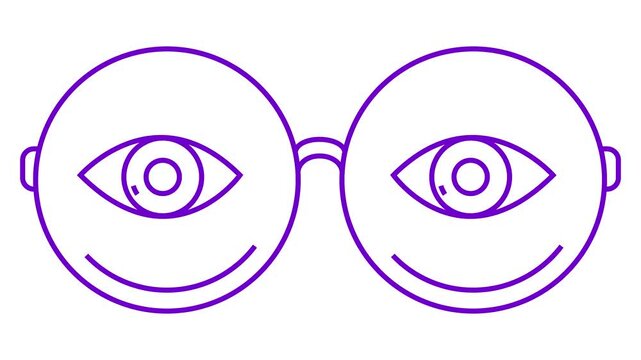 Animated violet linear symbol of glasses with eyes. Linear purple icon of eyeglasses. Looped video. Concept of sight, ophthalmologist. Vector illustration on white background.