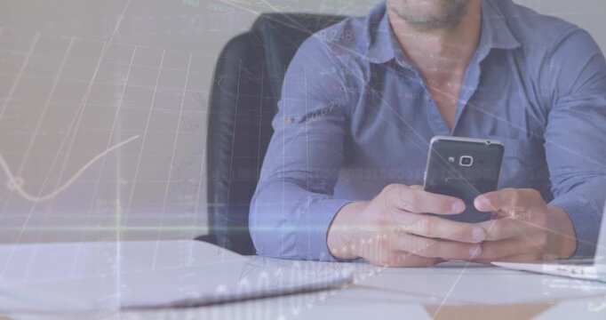 Animation of graphs, binary codes, trading board over caucasian businessman using smartphone