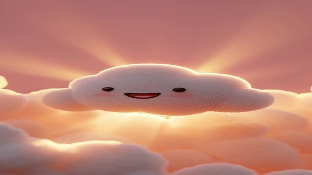 A smiling cloud with a joyful face in a vibrant pink sky.
