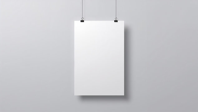 Blank white poster hanging on a gray wall with binder clips