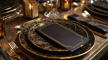 Art deco black and gold elegant table setting