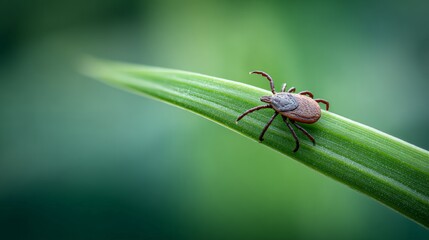 Fototapeta premium Close up microscopic view revealing parasitic tick crawling across bright green grass blade, highlighting risks of lyme disease transmission in outdoor wilderness settings