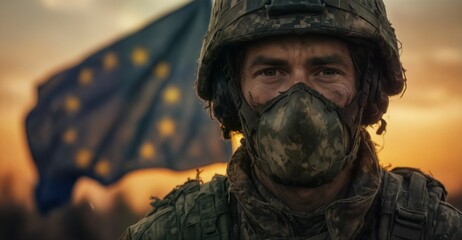 Obraz premium determined soldier with dirty face and european union flag in background