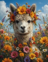 Obraz premium adorable alpaca wearing a vibrant wildflower crown in a colorful meadow.