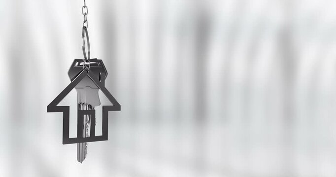 House-shaped keychain and keys animation over blurred background