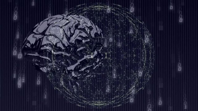 Digital brain surrounded by binary code and network connections animation