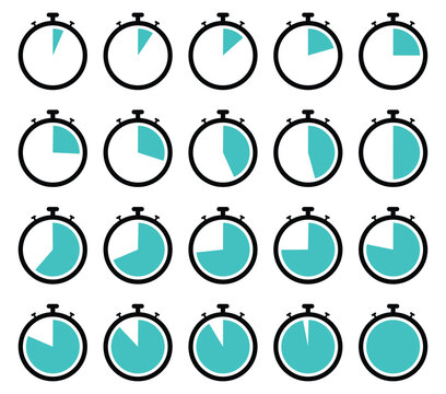 Stopwatch Timing Icons. Set of Clock Timer Icons with Countdown Intervals. Countdown clock stopwatch, timer vector illustration.
